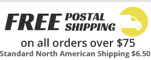 Free Shipping on all orders over $75, standard North American shipping $6.50